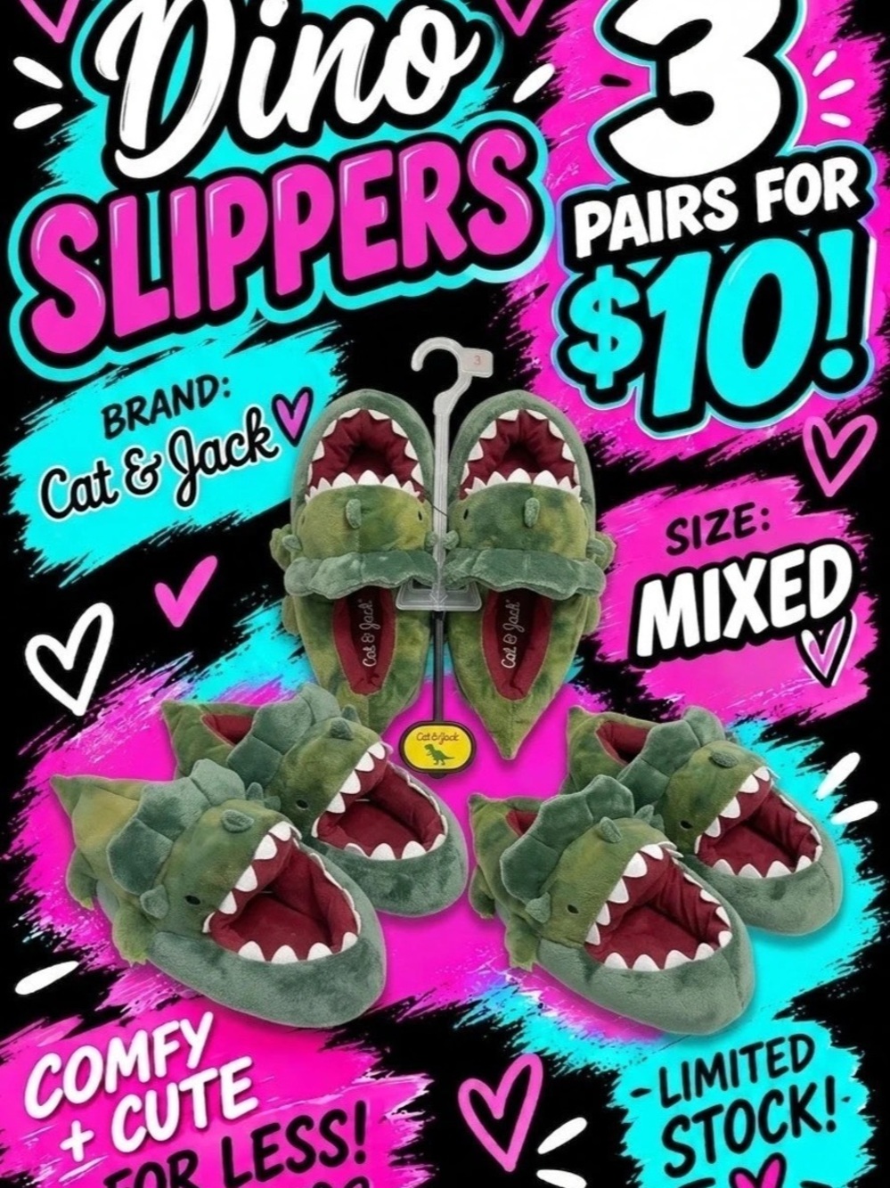 3 PAIRS/ $10 Cat & Jack Dinosaur Foot Slippers MIXED SIZE BUNDLE